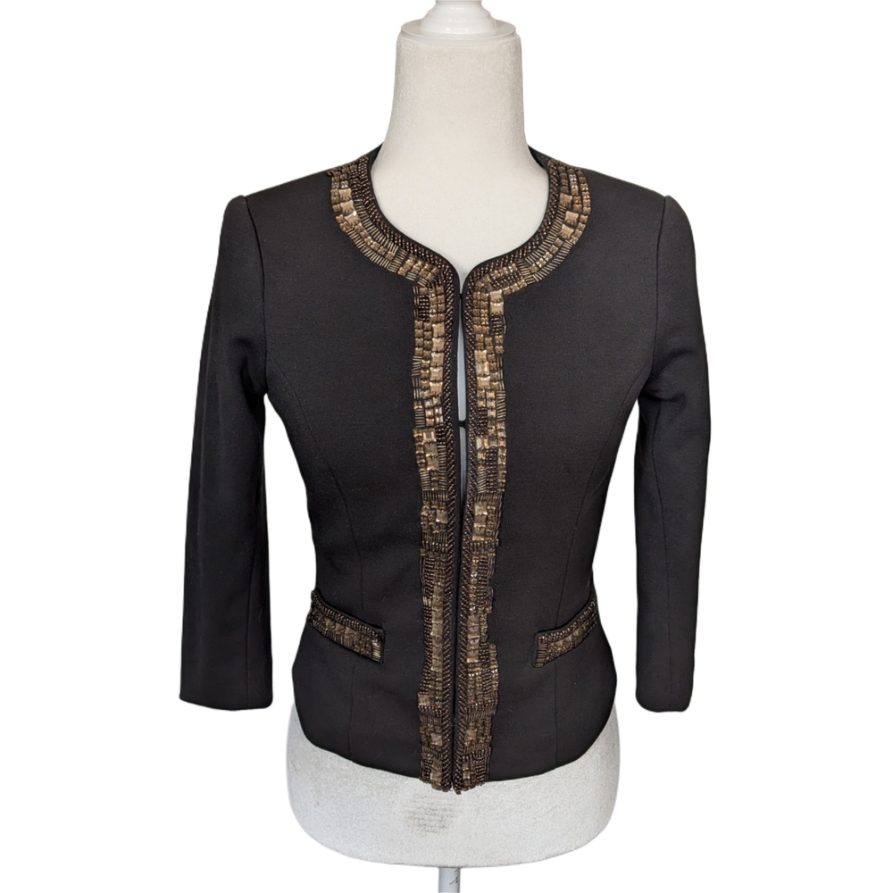 Forever 21 Black Gold Bling Trim Hook Closure Blazer Jacket Size Small - Picture 1 of 11